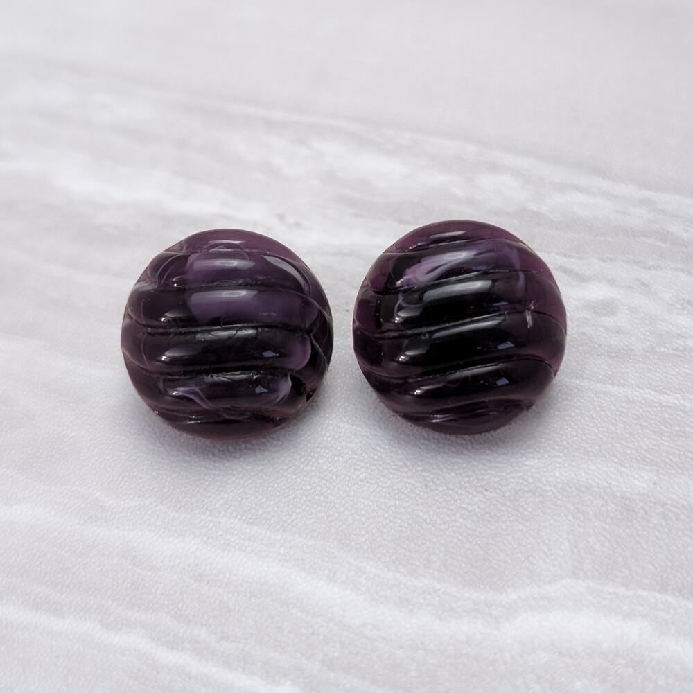 Vintage Stud Earrings Purple Domed Circle with Ridges Retro Statement
